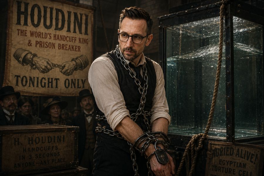 A vintage-style escapology and magic scene