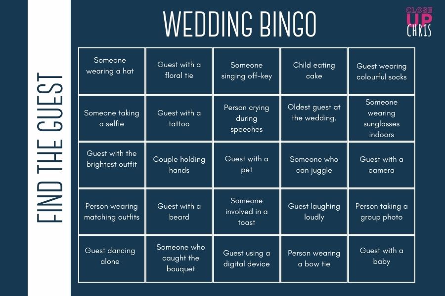 Wedding guests playing a bingo-style mingling game at the reception