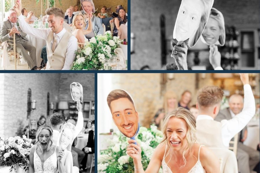 Bride and groom playing the shoe game at their wedding reception