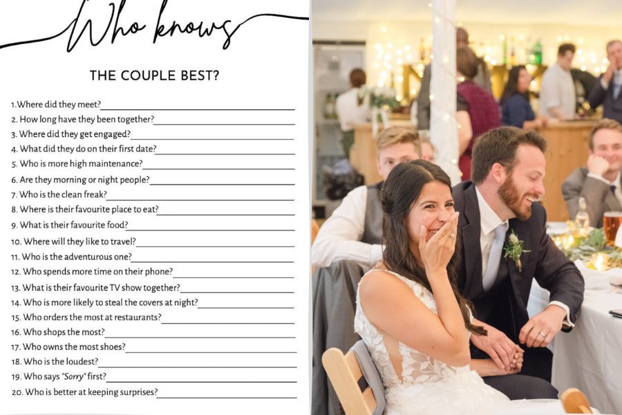 Wedding Games for Guests 12 Bride and groom trivia sheet placed on a wedding reception table