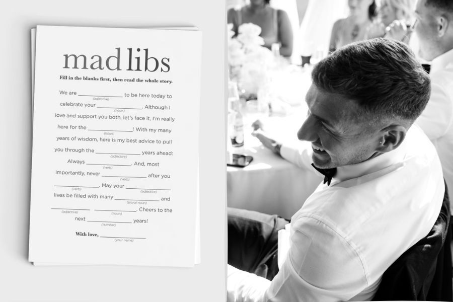Wedding Games for Guests 13 Guest mad libs cards filled in as a wedding reception game