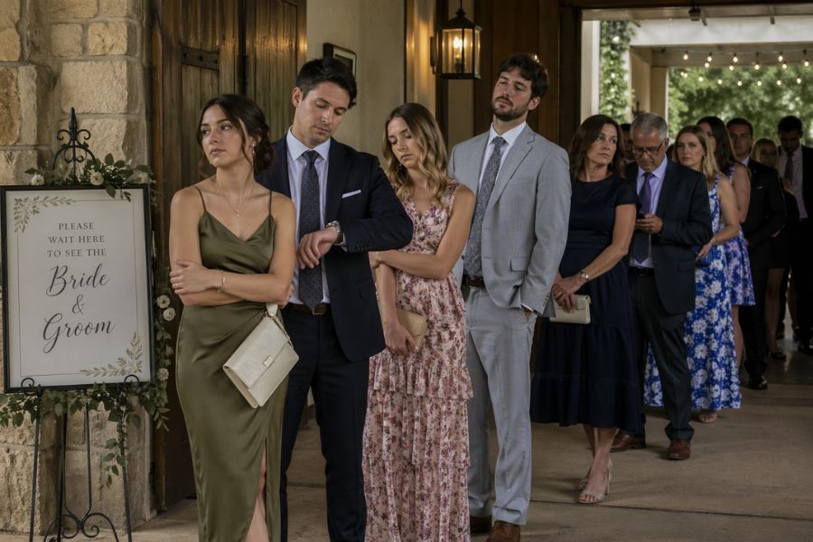 Wedding guests queuing in a traditional welcome line