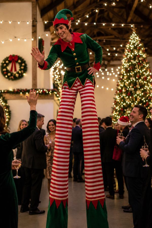 Festive stilt walker in costume at a Christmas party