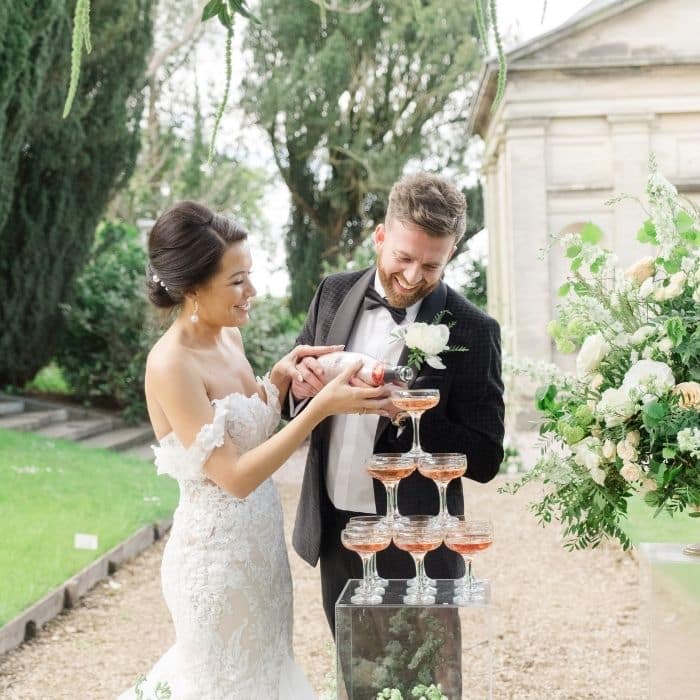 Finished champagne tower at a wedding