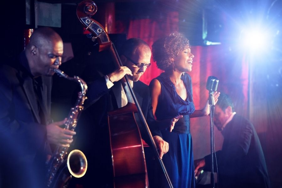 A jazz band performing at a corporate cocktail reception