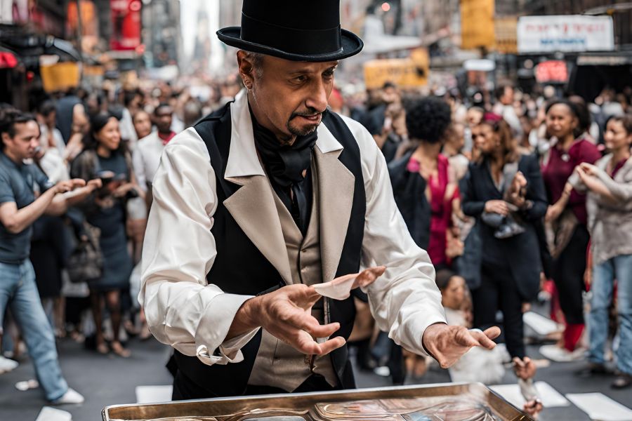 Street magician performing for passers-by