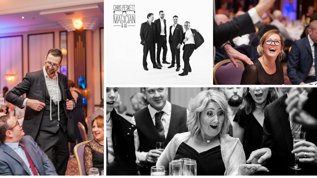 Table magician performing close-up magic at a corporate dinner - watch the reactions