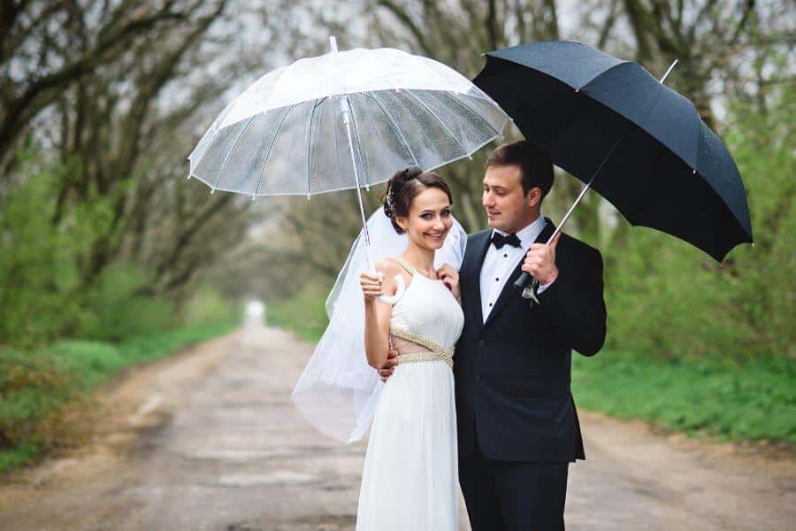 Bride and groom photographed on a rainy wedding day