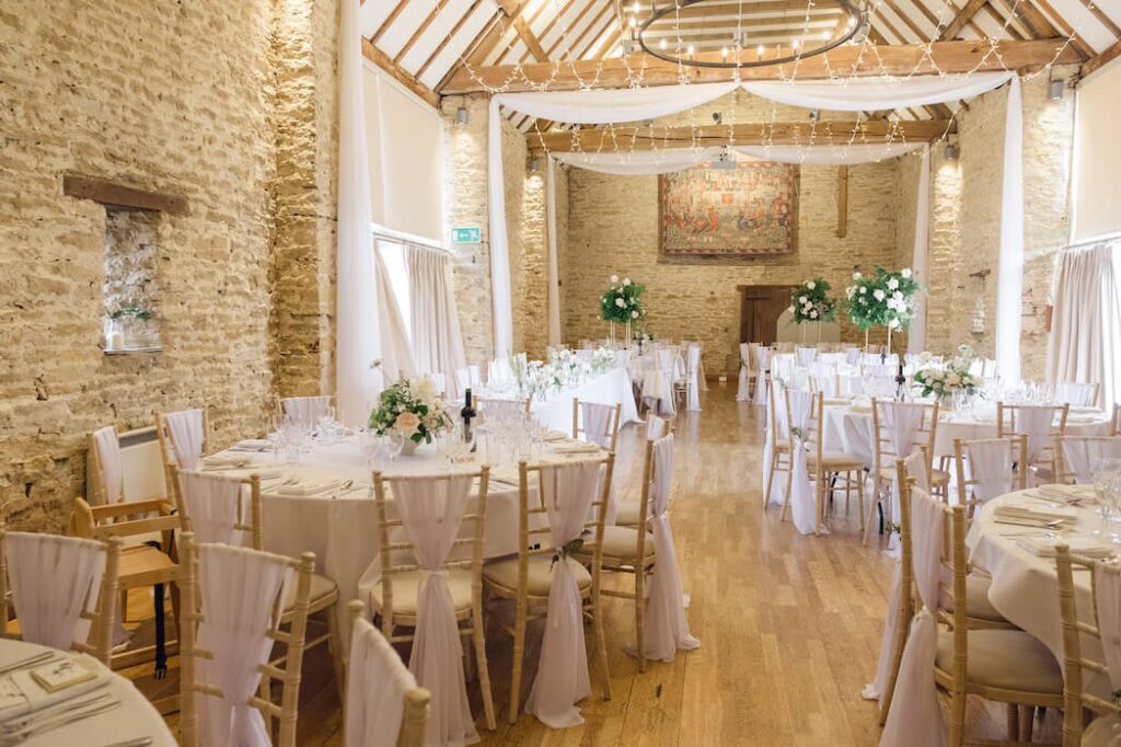 A wedding breakfast laid out at the reception venue