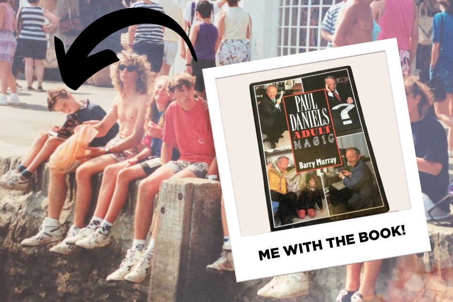 A young Close-Up Chris holding the Paul Daniels Adult Magic book bought on a family holiday in Mevagissey