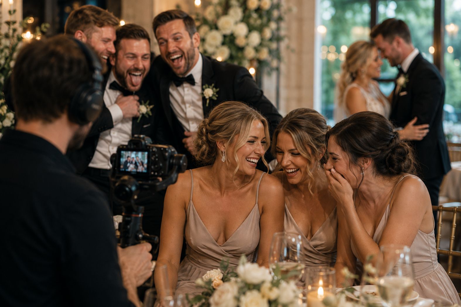 Wedding guests enjoying themselves while a videographer captures the moment