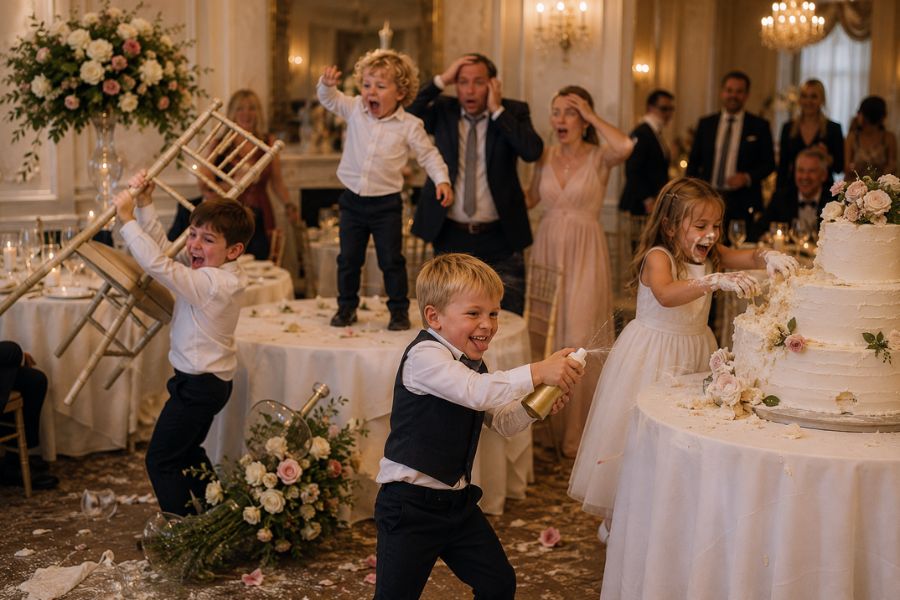 Children running around at a wedding reception