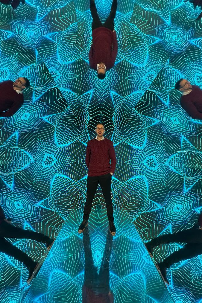 Close-Up Chris reflected in a kaleidoscope illusion at the Museum of Illusions Manchester